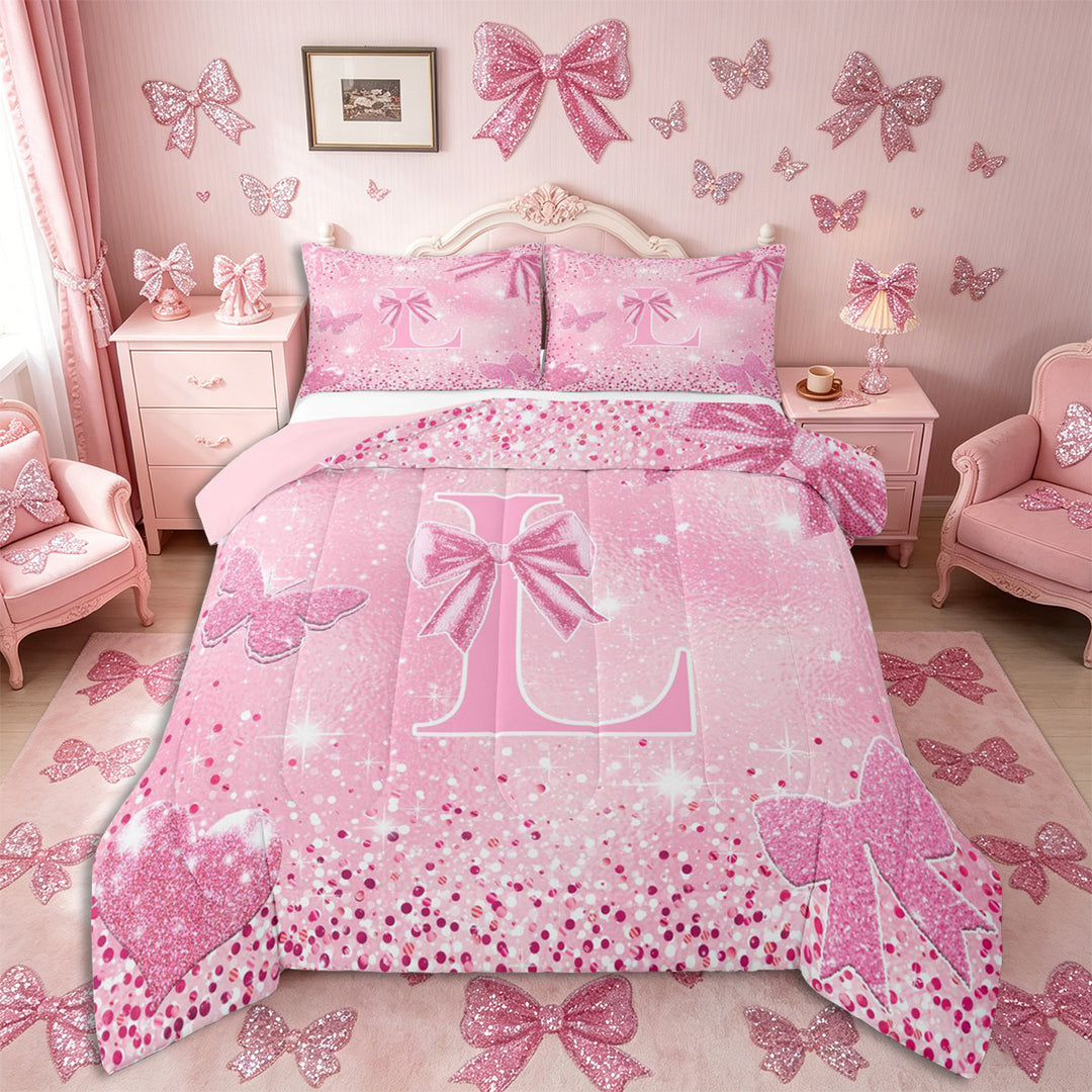 Meiyoeat Bow Letter L Full Size Comforter Sets 3-Piece for Teens, Sparkle Glitter Butterfly Print Bedding Comforter Set,Pink Reversible