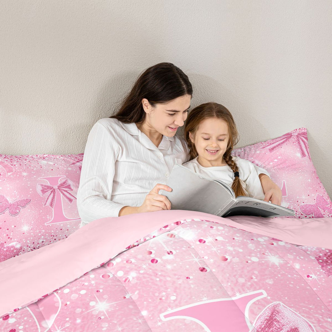 Meiyoeat Bow Letter L Full Size Comforter Sets 3-Piece for Teens, Sparkle Glitter Butterfly Print Bedding Comforter Set,Pink Reversible