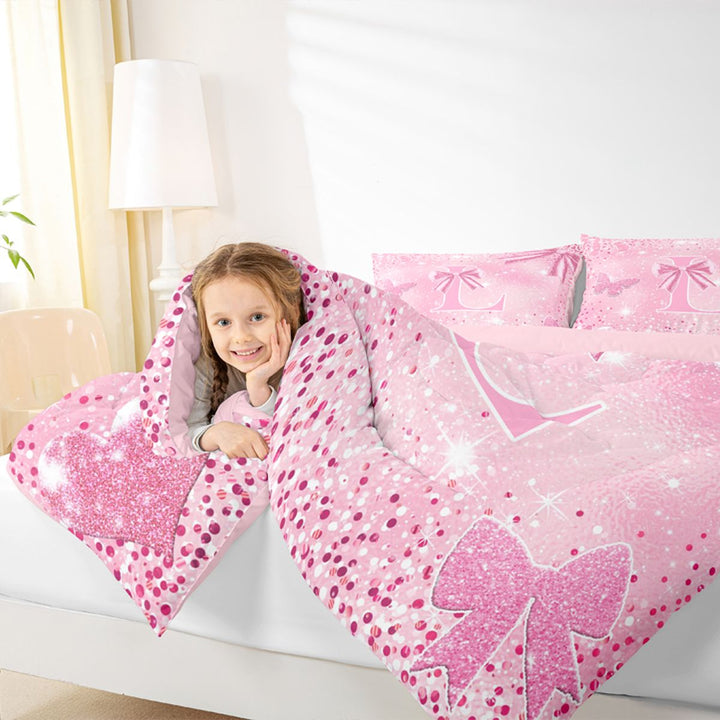Meiyoeat Bow Letter L Full Size Comforter Sets 3-Piece for Teens, Sparkle Glitter Butterfly Print Bedding Comforter Set,Pink Reversible