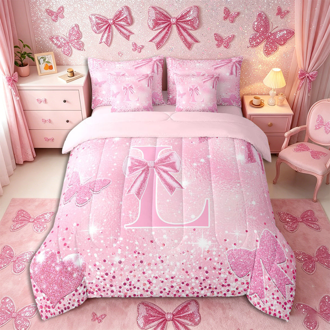 Meiyoeat Bow Letter L Full Size Bedding Sets 7 Pieces for Teens, Sparkle Glitter Butterfly Print Full Size Bed in a Bag,Pink Reversible