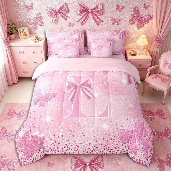 Meiyoeat Bow Letter L Full Size Bedding Sets 7 Pieces for Teens, Sparkle Glitter Butterfly Print Full Size Bed in a Bag,Pink Reversible