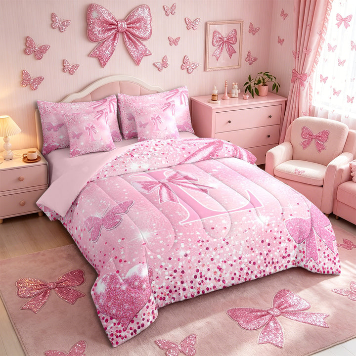 Meiyoeat Bow Letter L Full Size Bedding Sets 7 Pieces for Teens, Sparkle Glitter Butterfly Print Full Size Bed in a Bag,Pink Reversible