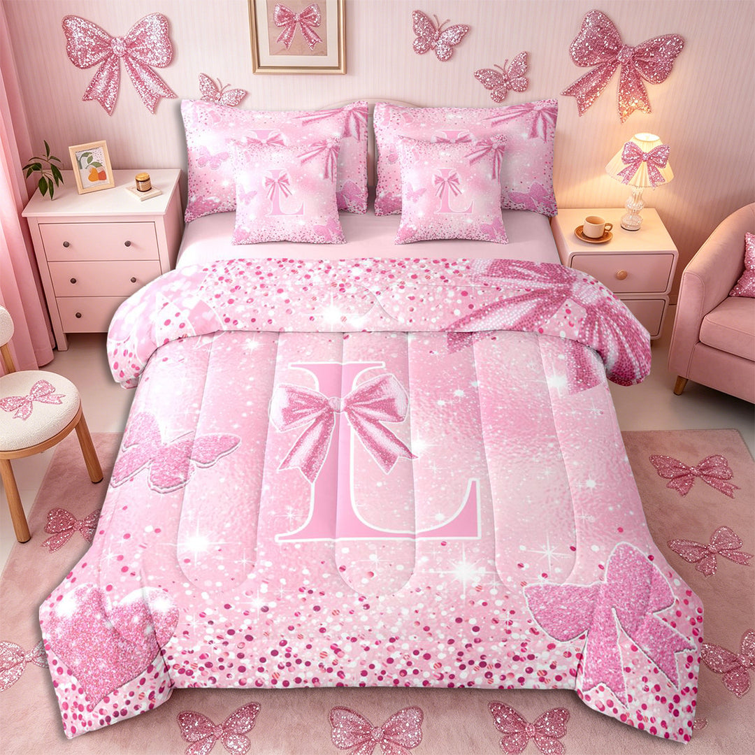 Meiyoeat Bow Letter L Full Size Bedding Sets 7 Pieces for Teens, Sparkle Glitter Butterfly Print Full Size Bed in a Bag,Pink Reversible