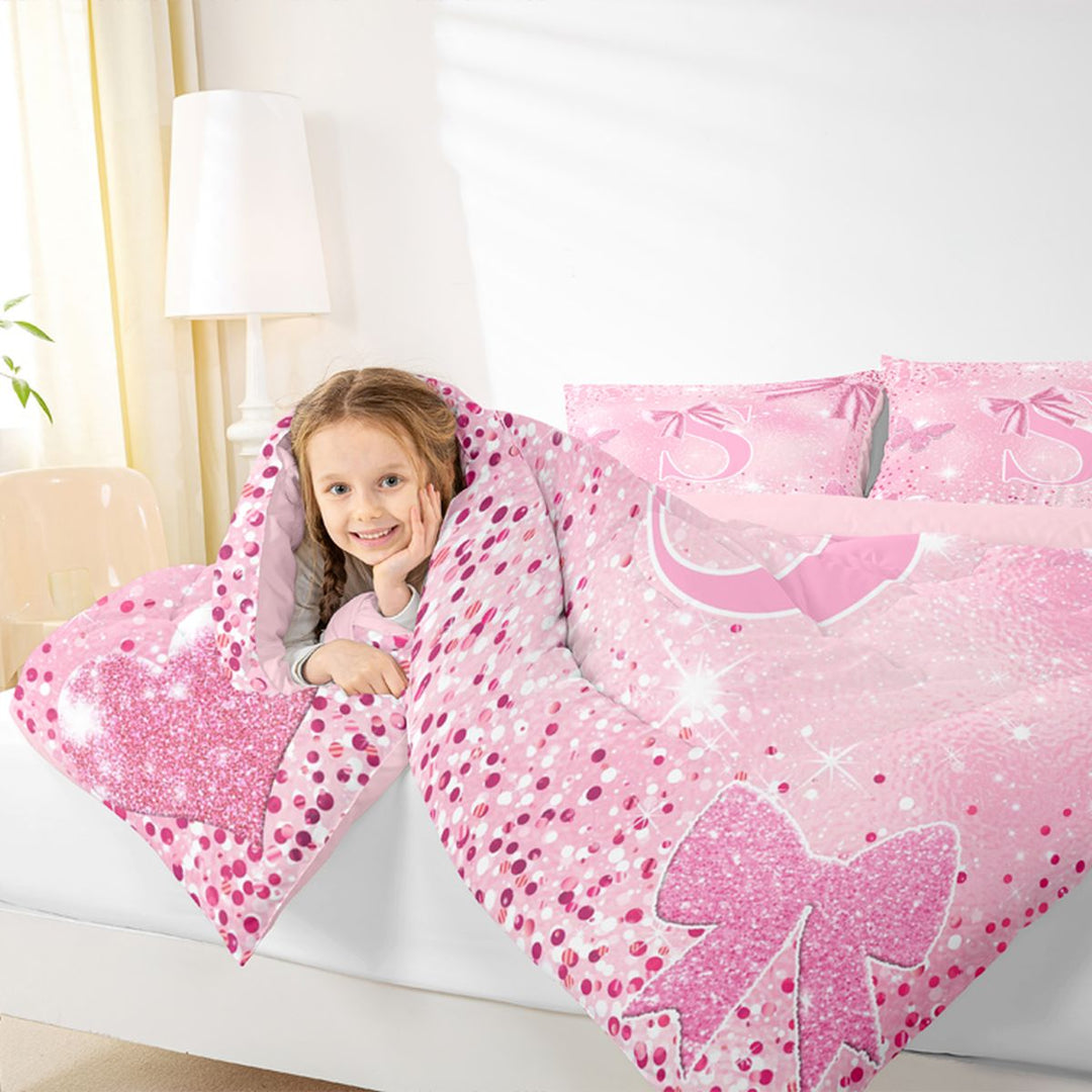 Meiyoeat Glitter Pink Letter S Full Size Bedding Sets 7 Pieces for Girls, Sparkle Bow Print Full Size Bed in a Bag for Bedroom,Pink Reversible