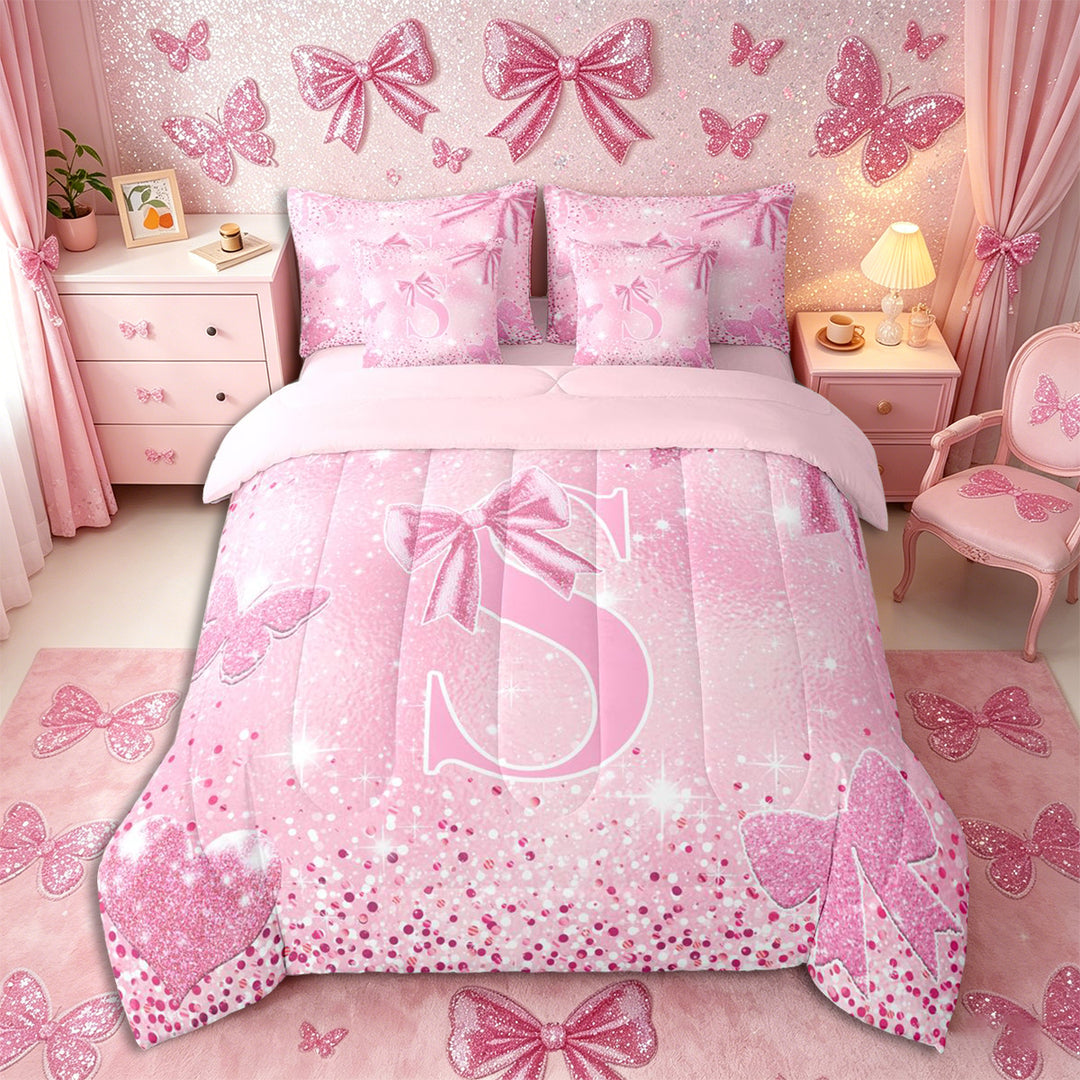Meiyoeat Glitter Pink Letter S Full Size Bedding Sets 7 Pieces for Girls, Sparkle Bow Print Full Size Bed in a Bag for Bedroom,Pink Reversible