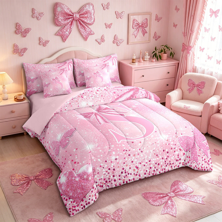 Meiyoeat Glitter Pink Letter S Full Size Bedding Sets 7 Pieces for Girls, Sparkle Bow Print Full Size Bed in a Bag for Bedroom,Pink Reversible