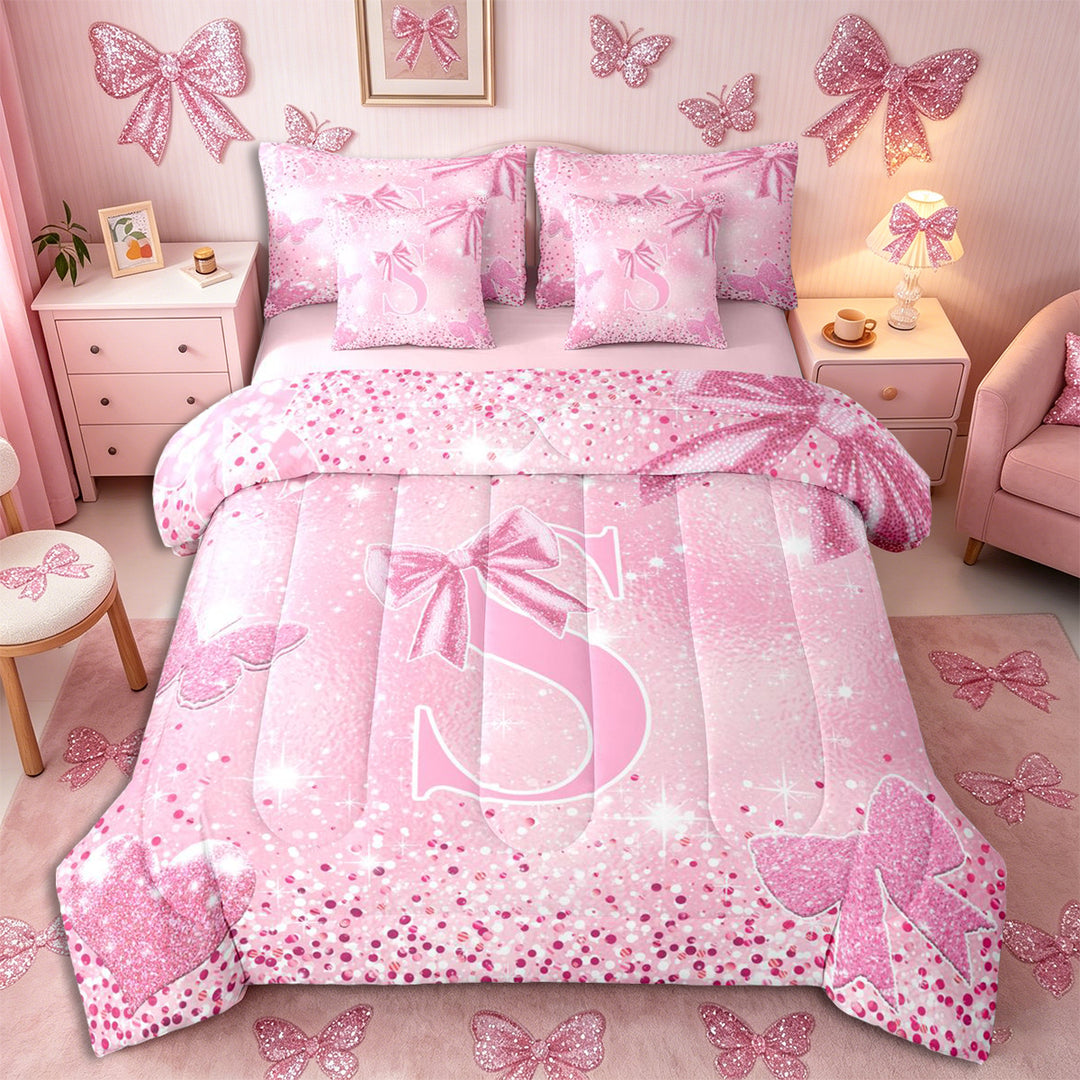Meiyoeat Glitter Pink Letter S Full Size Bedding Sets 7 Pieces for Girls, Sparkle Bow Print Full Size Bed in a Bag for Bedroom,Pink Reversible