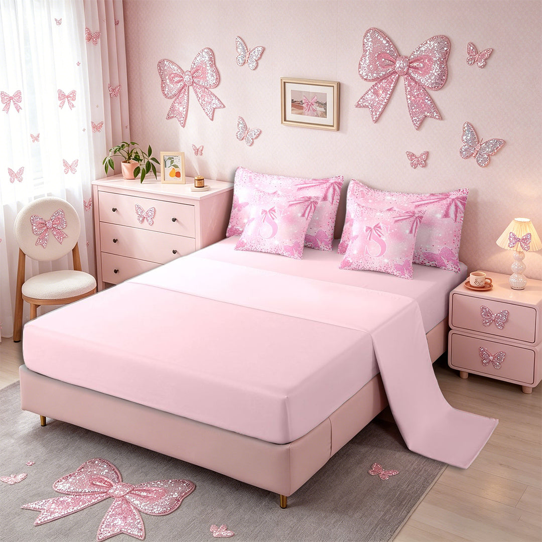 Meiyoeat Glitter Pink Letter S Full Size Bedding Sets 7 Pieces for Girls, Sparkle Bow Print Full Size Bed in a Bag for Bedroom,Pink Reversible