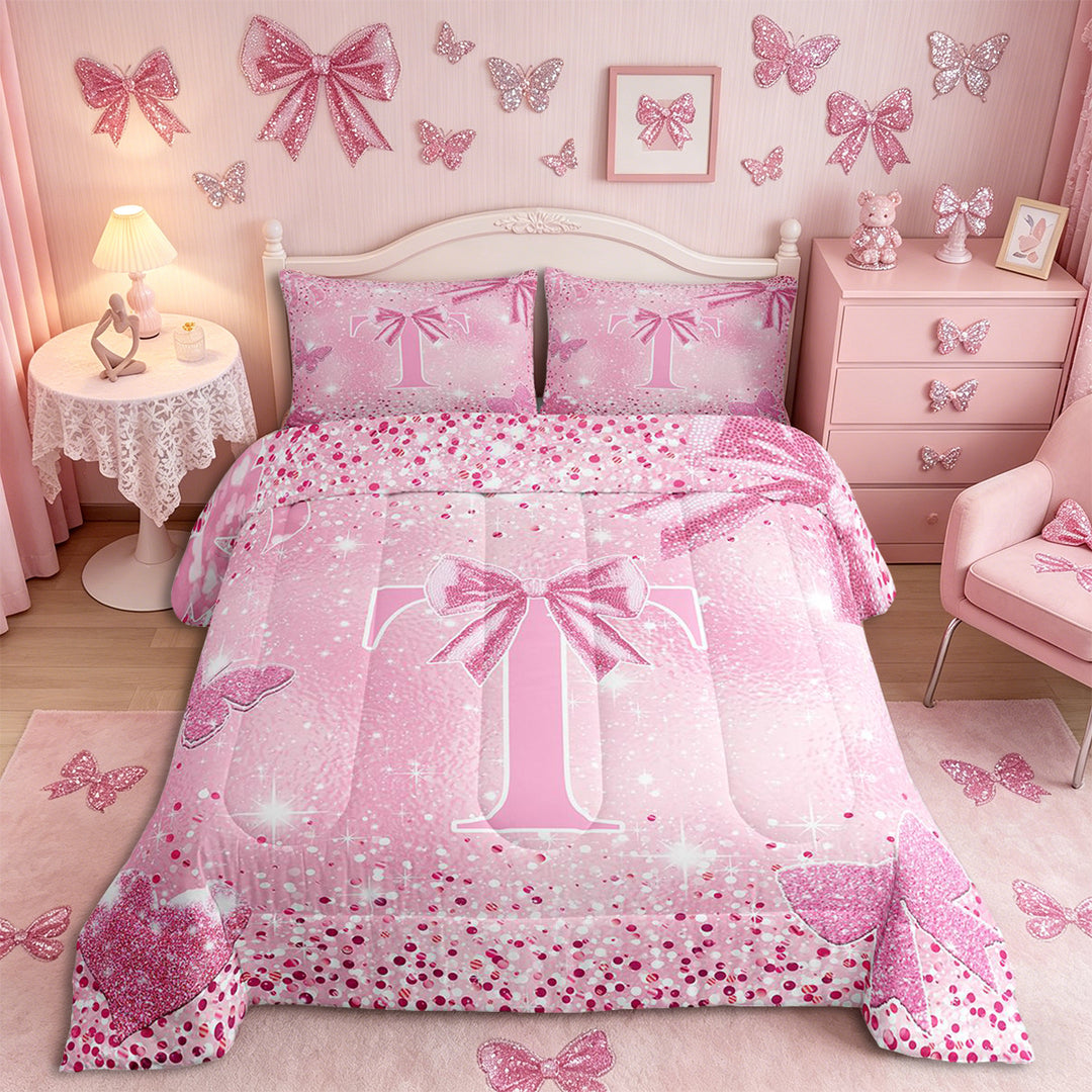 Meiyoeat Pink Glitter Initial T Full Size Comforter Sets 3-Piece, Flying Butterfly Bedding Comforter Set,Pink Reversible