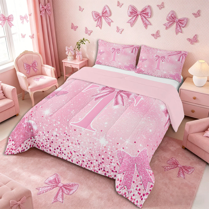 Meiyoeat Pink Glitter Initial T Full Size Comforter Sets 3-Piece, Flying Butterfly Bedding Comforter Set,Pink Reversible