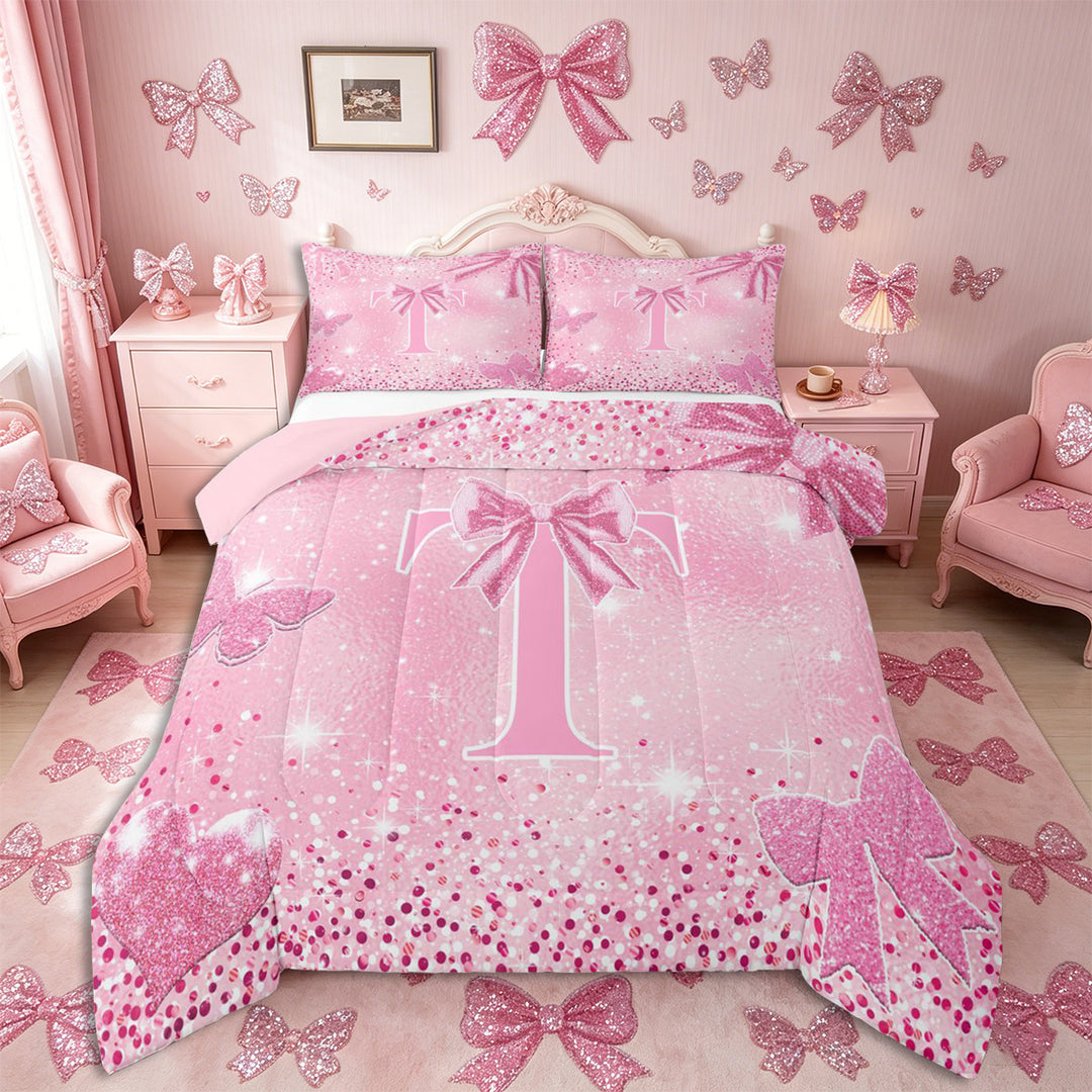 Meiyoeat Pink Glitter Initial T Full Size Comforter Sets 3-Piece, Flying Butterfly Bedding Comforter Set,Pink Reversible