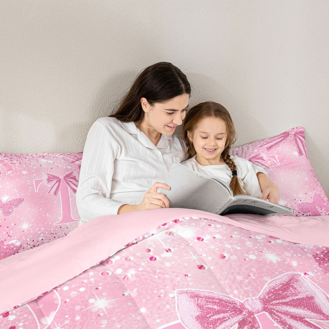 Meiyoeat Pink Glitter Initial T Full Size Comforter Sets 3-Piece, Flying Butterfly Bedding Comforter Set,Pink Reversible