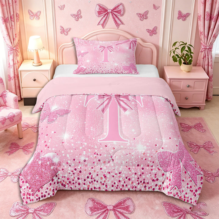 Meiyoeat Pink Glitter Initial T Full Size Comforter Sets 3-Piece, Flying Butterfly Bedding Comforter Set,Pink Reversible