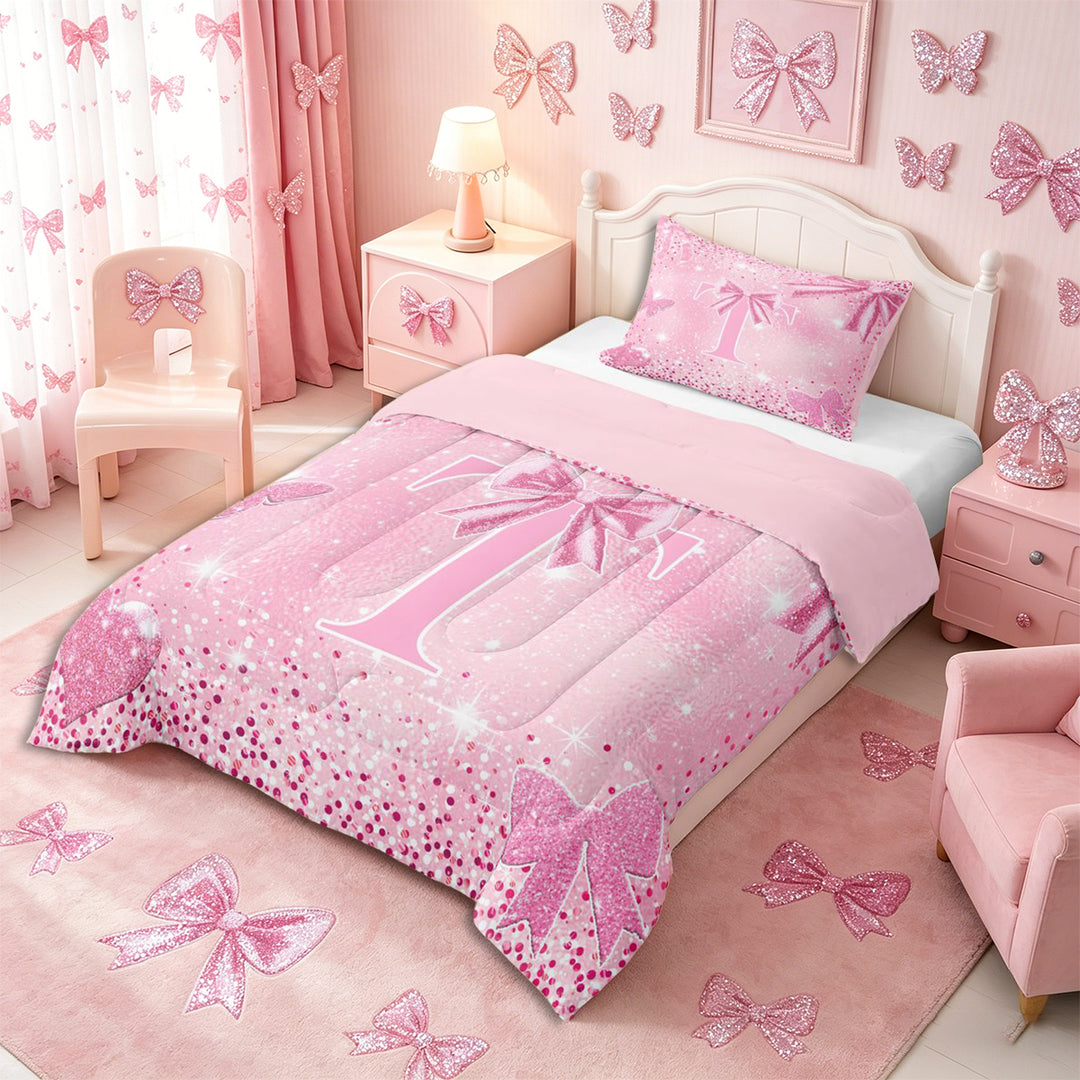 Meiyoeat Pink Glitter Initial T Full Size Comforter Sets 3-Piece, Flying Butterfly Bedding Comforter Set,Pink Reversible