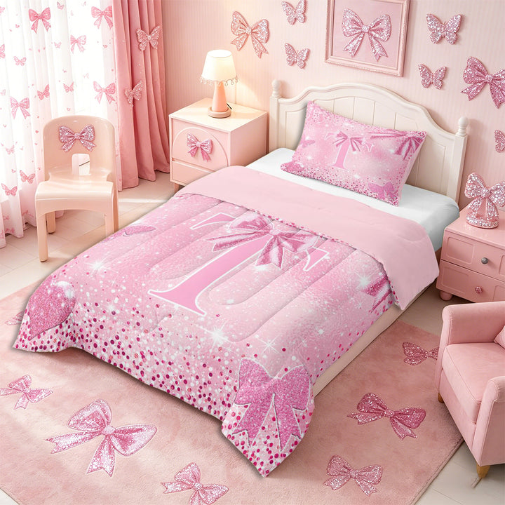 Meiyoeat Pink Glitter Initial T Full Size Comforter Sets 3-Piece, Flying Butterfly Bedding Comforter Set,Pink Reversible