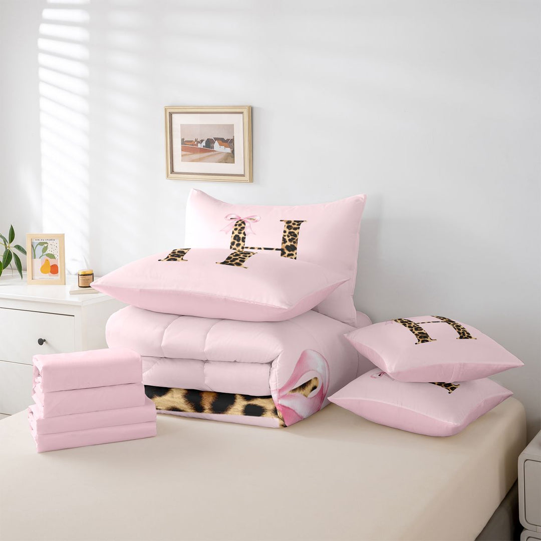 meiyoeat Pink Print Alphabet 7 Pieces Full Size Bedding Sets,Cheetah Bow Tie Initial Design Full Size Bed in a Bag For Girl,Pink Reversible