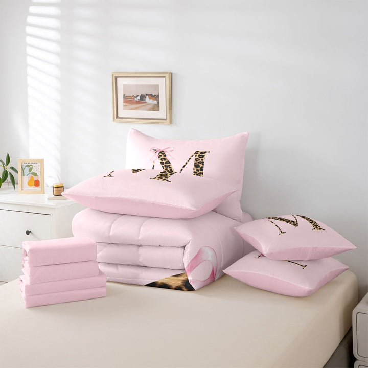 meiyoeat Fashion Cheetah Monogram M Print 7 Pieces Full Size Bedding Sets,Cute Bowknot Full Size Bed in a Bag For Girl,Pink Reversible