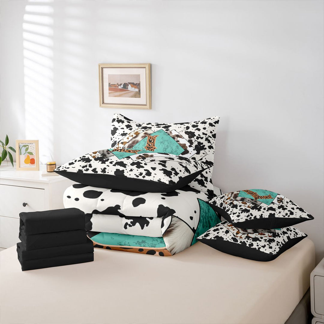 meiyoeat Western Cowboy Theme 7 Pieces Full Size Bedding Sets For Boys,Personalized Cheetah Print Initial L Full Size Bed in a Bag,Black Reversible