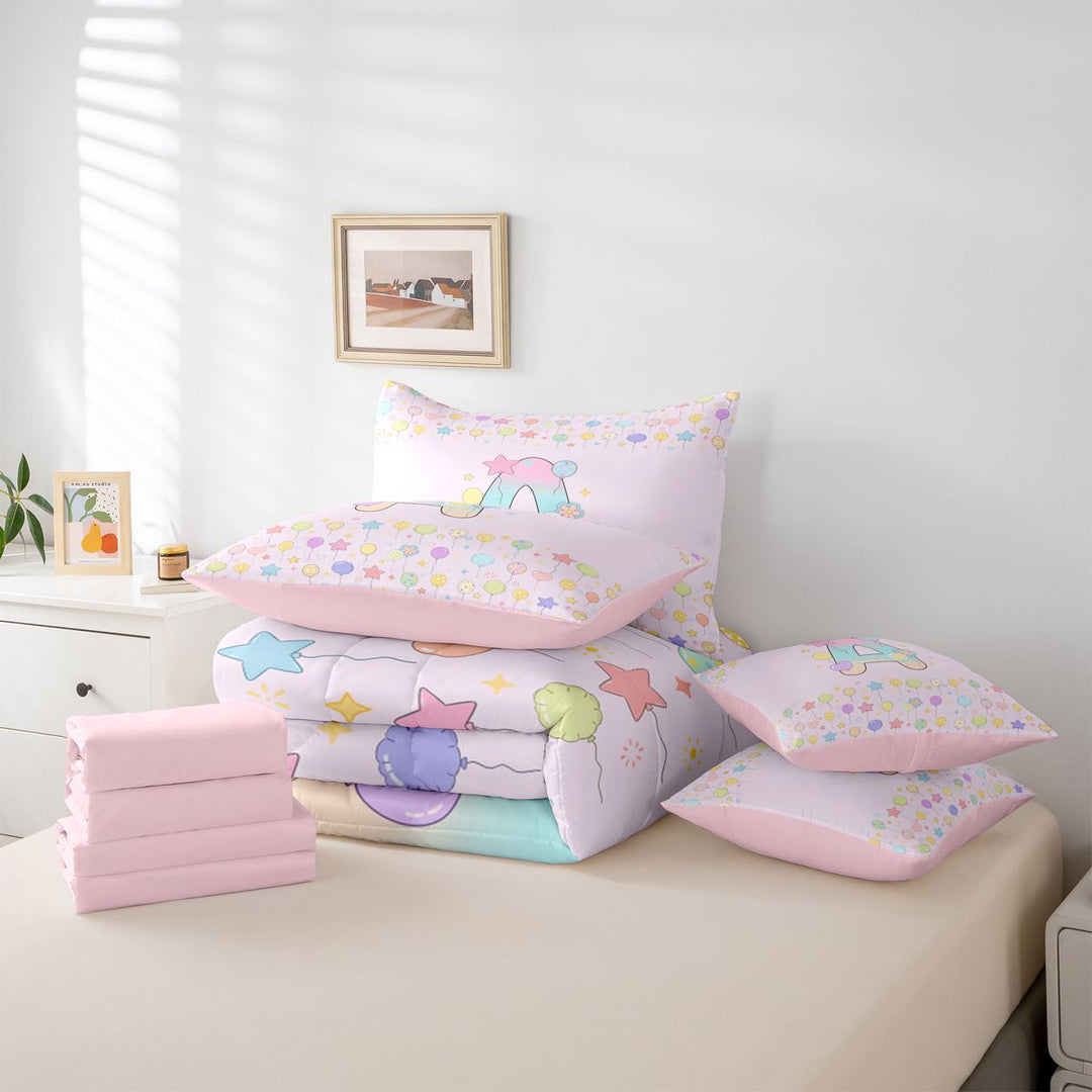 meiyoeat Pastel Balloon Monogram A 7 Pieces Full Size Bedding Sets,Rainbow Gradient Initial Full Size Bed in a Bag For Girl,Pink Reversible