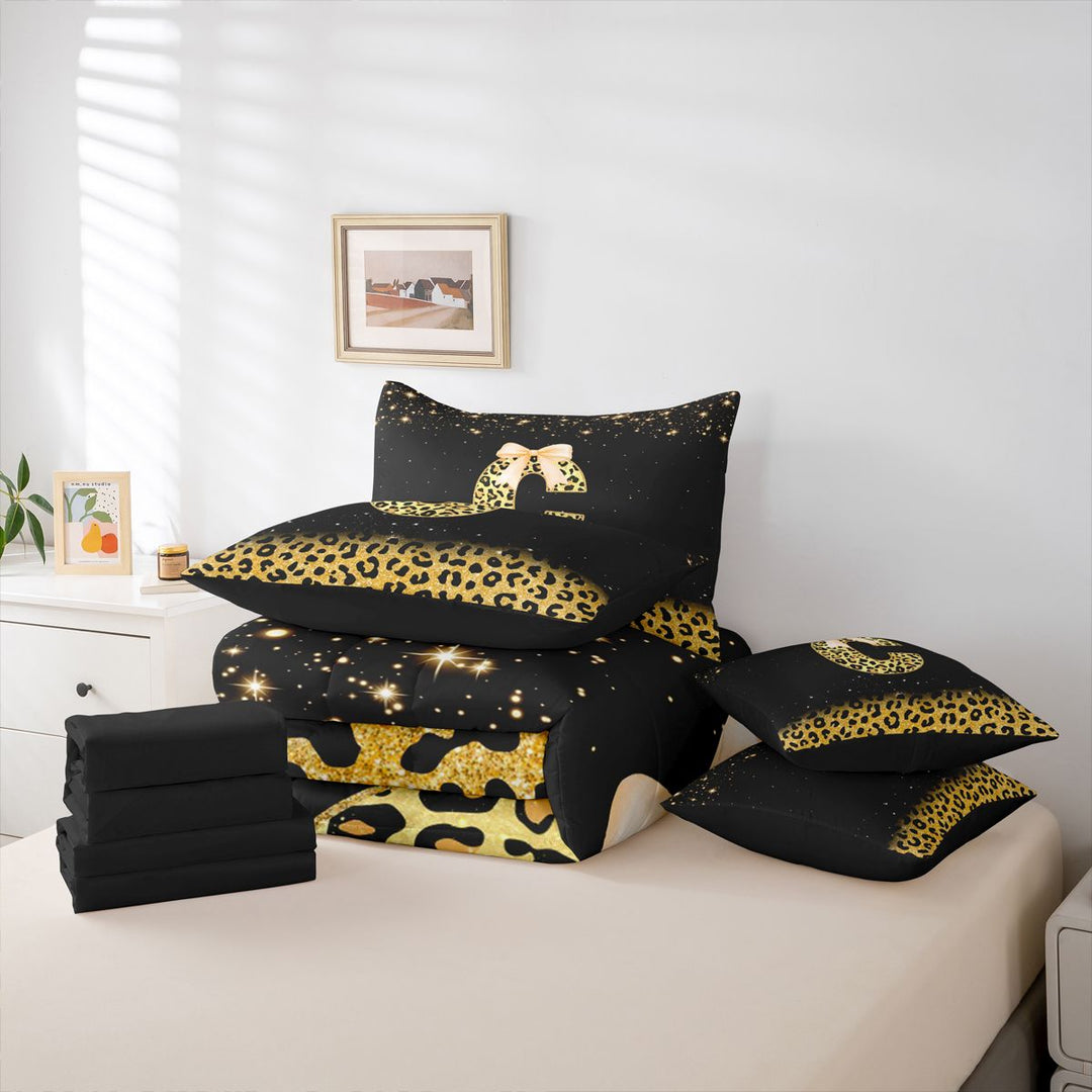 meiyoeat Leopard Bow Monogram C 7 Pieces Full Size Bedding Sets,Chic Glitter Print Letter Design Full Size Bed in a Bag For Girl,Black Reversible