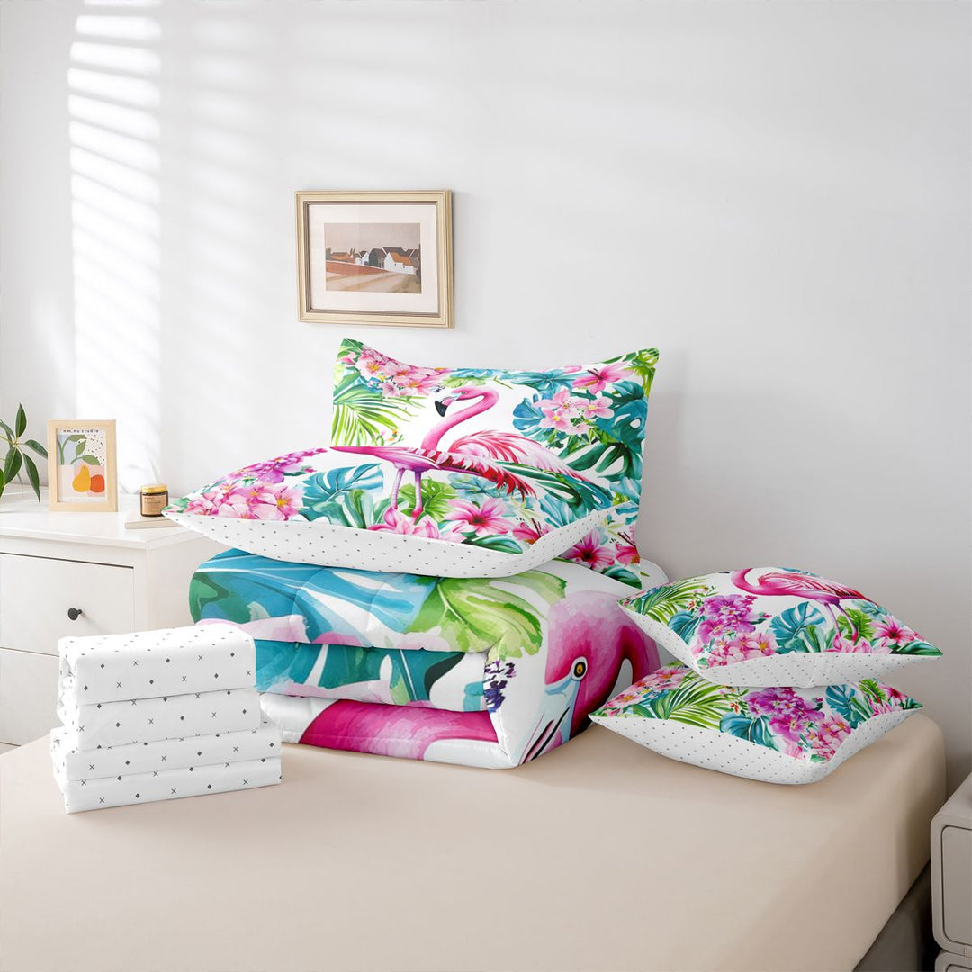 meiyoeat Tropical Flamingo Floral 7 Pieces Full Size Bedding Sets,Green Monstera Leaf Full Size Bed in a Bag For Girl,Reversible