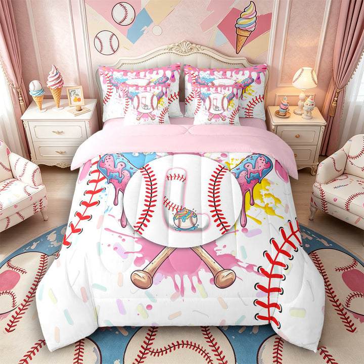 Meiyoeat Ice Cream Baseball Letter L Bedding Comforter Set 7 Pieces for Girls Kids, Dripping Sprinkles Full Bedding Set, Pink White Red,Pink Reversible