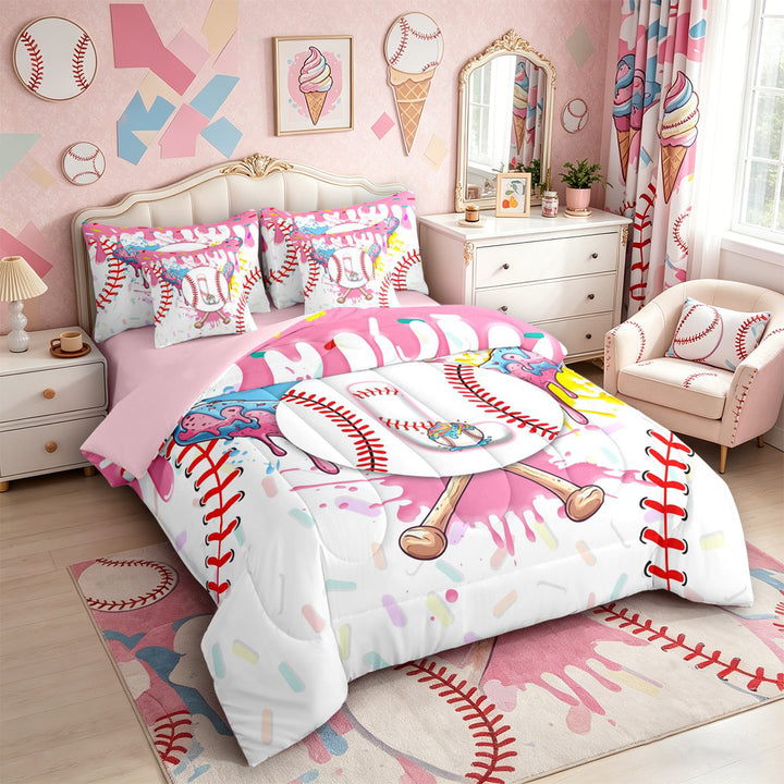 Meiyoeat Ice Cream Baseball Letter L Bedding Comforter Set 7 Pieces for Girls Kids, Dripping Sprinkles Full Bedding Set, Pink White Red,Pink Reversible