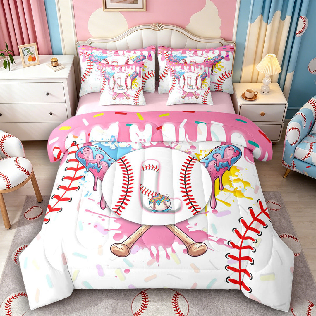 Meiyoeat Ice Cream Baseball Letter L Bedding Comforter Set 7 Pieces for Girls Kids, Dripping Sprinkles Full Bedding Set, Pink White Red,Pink Reversible