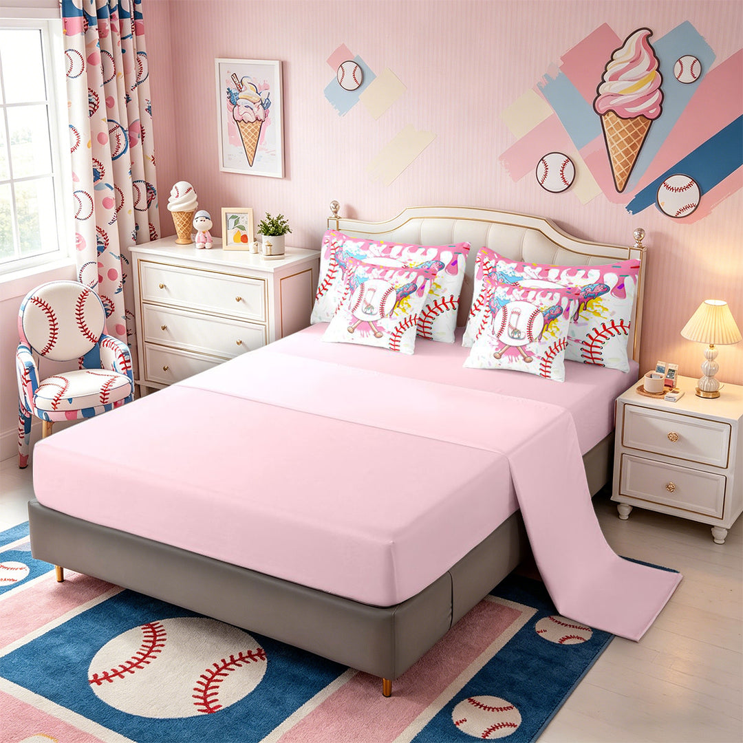 Meiyoeat Ice Cream Baseball Letter L Bedding Comforter Set 7 Pieces for Girls Kids, Dripping Sprinkles Full Bedding Set, Pink White Red,Pink Reversible