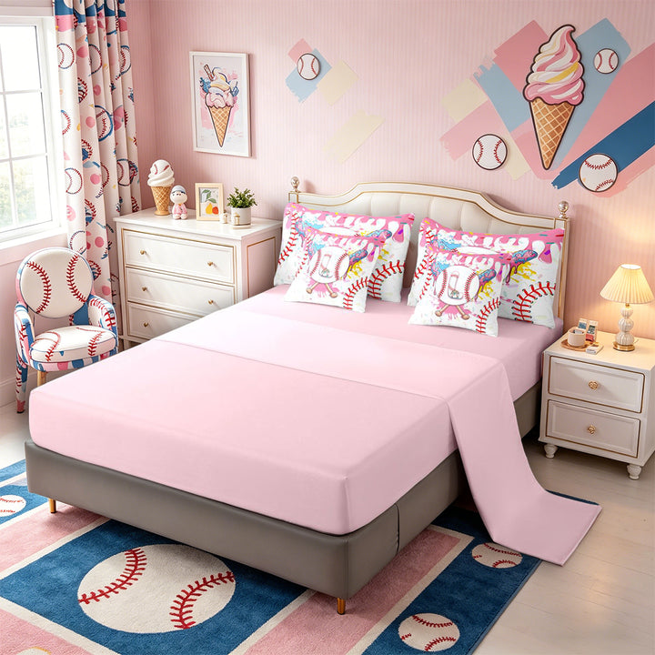 Meiyoeat Ice Cream Baseball Letter L Bedding Comforter Set 7 Pieces for Girls Kids, Dripping Sprinkles Full Bedding Set, Pink White Red,Pink Reversible