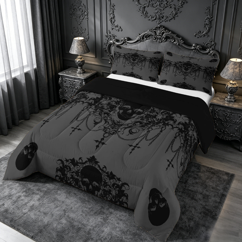 meiyoeat Gothic Spooky Skull King Size Comforter Sets,Retro Damask Victorian Flowers Comforters King Size, Black Gray,Black Reversible,3-Piece