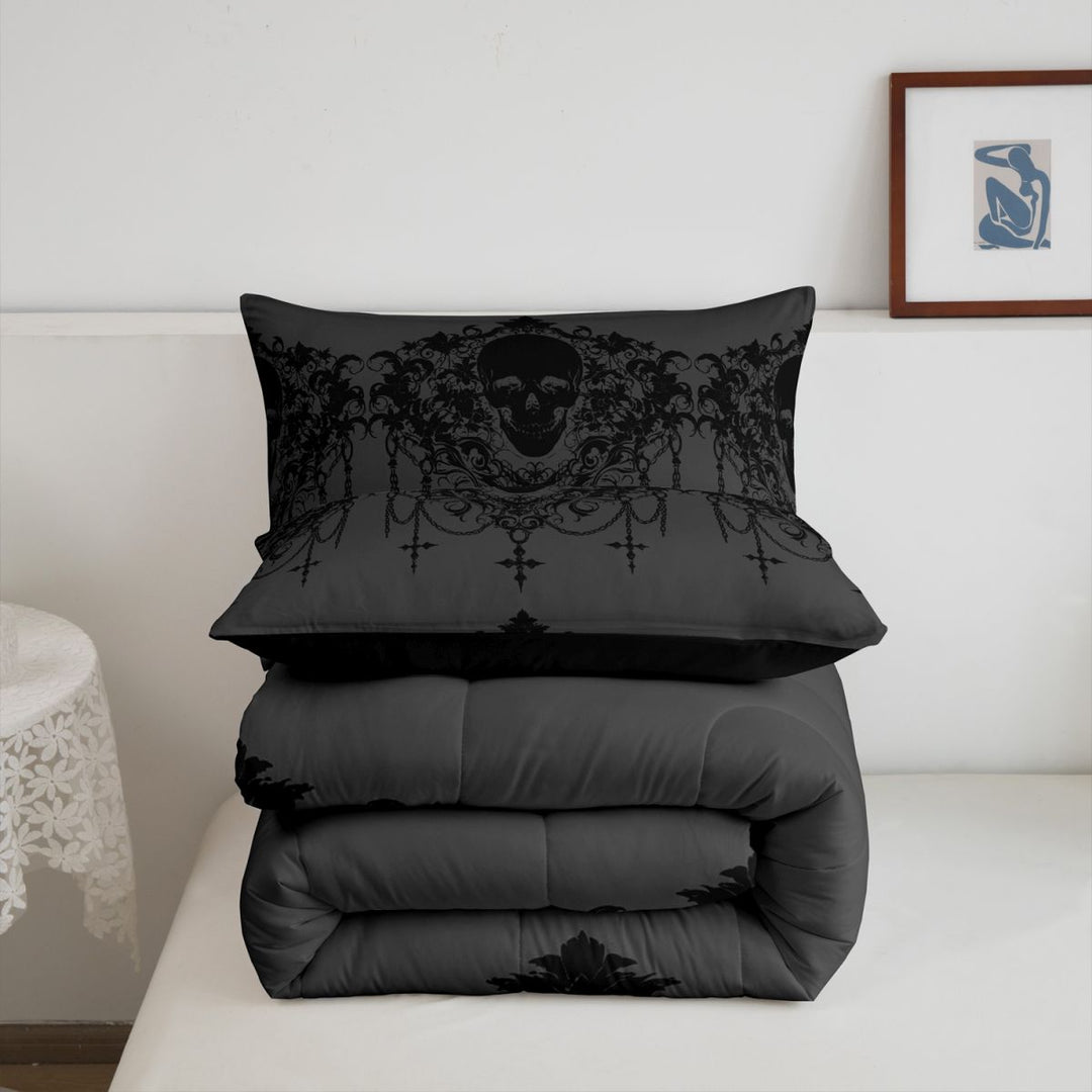 meiyoeat Gothic Spooky Skull King Size Comforter Sets,Retro Damask Victorian Flowers Comforters King Size, Black Gray,Black Reversible,3-Piece