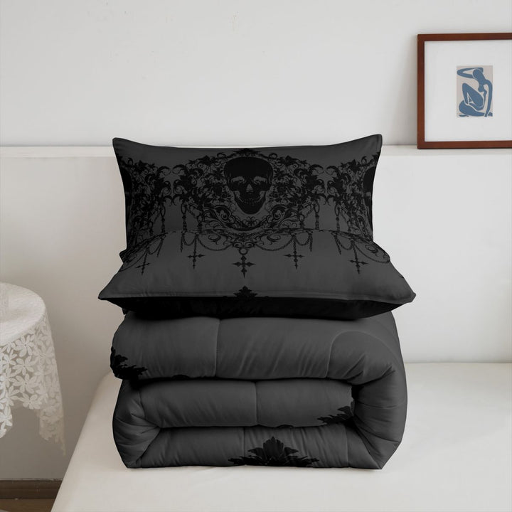meiyoeat Gothic Spooky Skull King Size Comforter Sets,Retro Damask Victorian Flowers Comforters King Size, Black Gray,Black Reversible,3-Piece