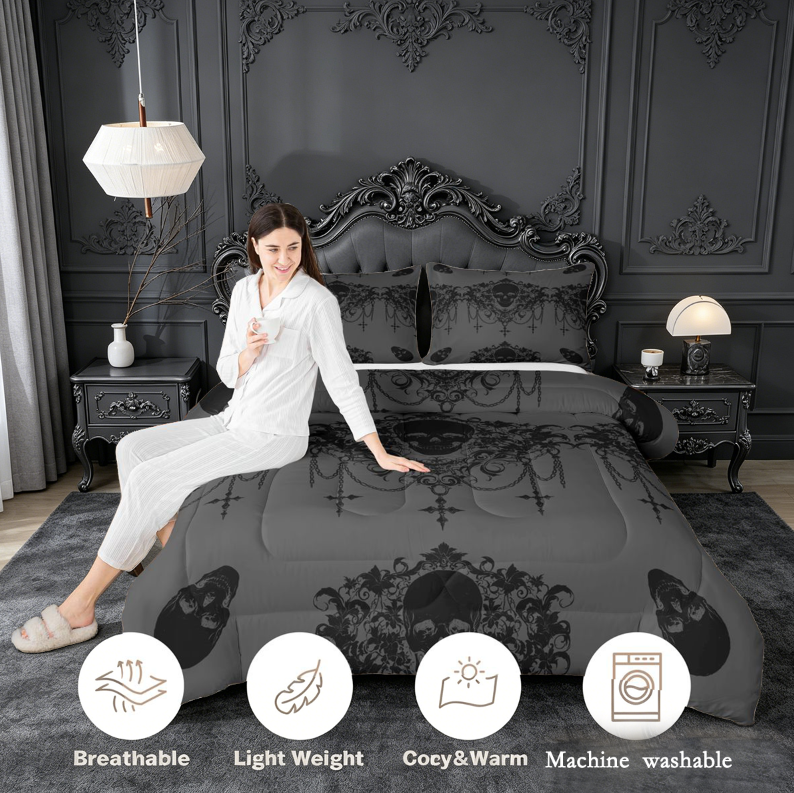 meiyoeat Gothic Spooky Skull King Size Comforter Sets,Retro Damask Victorian Flowers Comforters King Size, Black Gray,Black Reversible,3-Piece