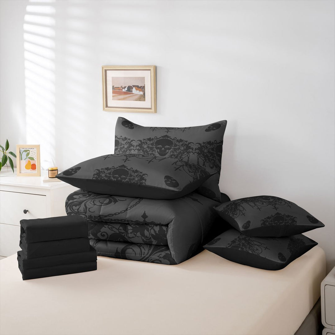 meiyoeat Gothic Spooky Skull 7-Piece King Bedding,Retro Damask Victorian Flowers King Bed in a Bag, Black Gray,Black Reversible