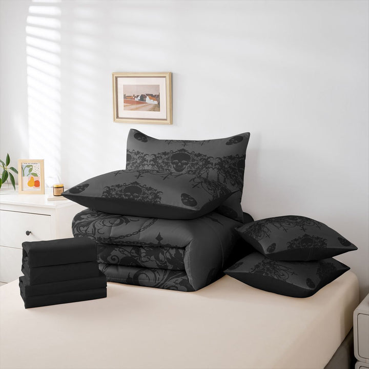 meiyoeat Gothic Spooky Skull 7-Piece King Bedding,Retro Damask Victorian Flowers King Bed in a Bag, Black Gray,Black Reversible