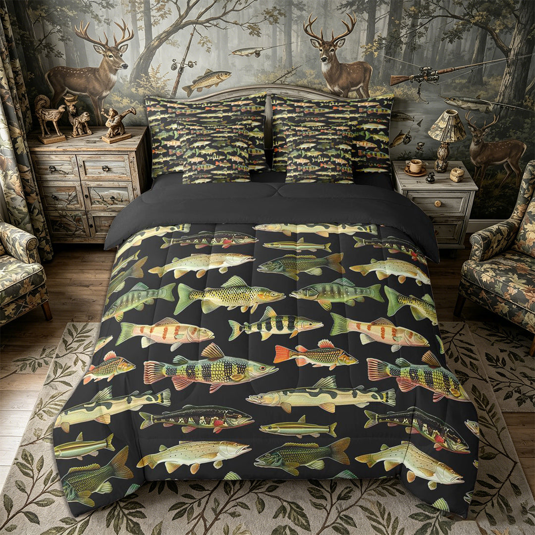 Meiyoeat Retro Fish Print King Bedding 7pcs, Rustic Farmhouse Fishing Theme King Bed in a Bag,Black Reversible