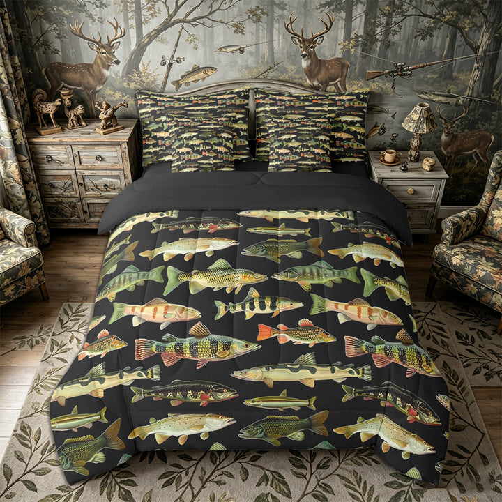 Meiyoeat Retro Fish Print King Bedding 7pcs, Rustic Farmhouse Fishing Theme King Bed in a Bag,Black Reversible