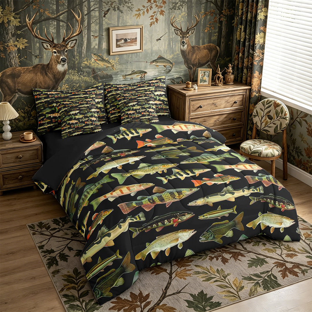 Meiyoeat Retro Fish Print King Bedding 7pcs, Rustic Farmhouse Fishing Theme King Bed in a Bag,Black Reversible