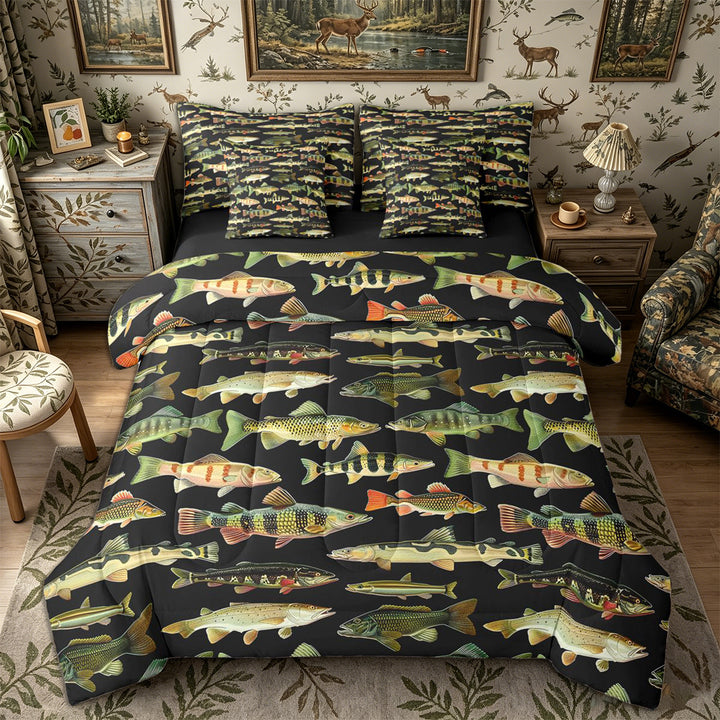 Meiyoeat Retro Fish Print King Bedding 7pcs, Rustic Farmhouse Fishing Theme King Bed in a Bag,Black Reversible