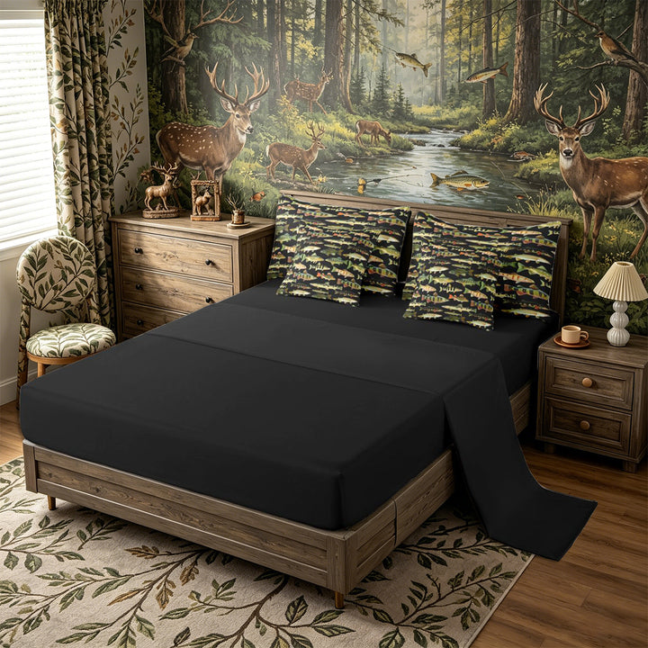 Meiyoeat Retro Fish Print King Bedding 7pcs, Rustic Farmhouse Fishing Theme King Bed in a Bag,Black Reversible