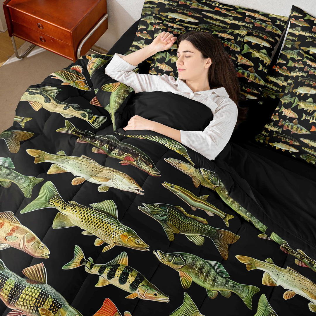 Meiyoeat Retro Fish Print King Bedding 7pcs, Rustic Farmhouse Fishing Theme King Bed in a Bag,Black Reversible