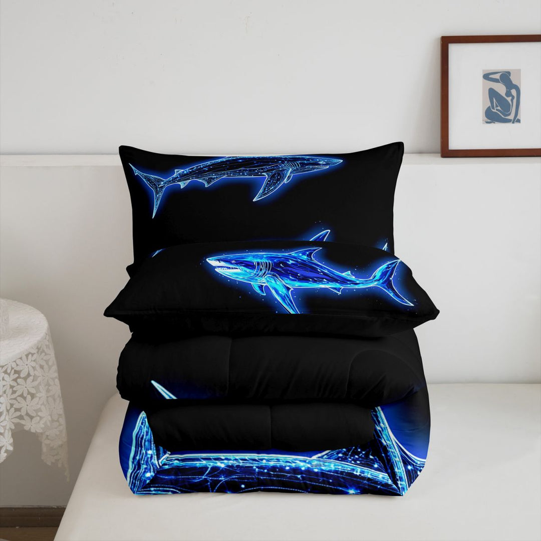 meiyoeat Ocean Themed Full Size Comforter Sets For Kids,Cute Sea Animal Shark Bedding Comforter Set For Boys,Black Reversible,3pcs