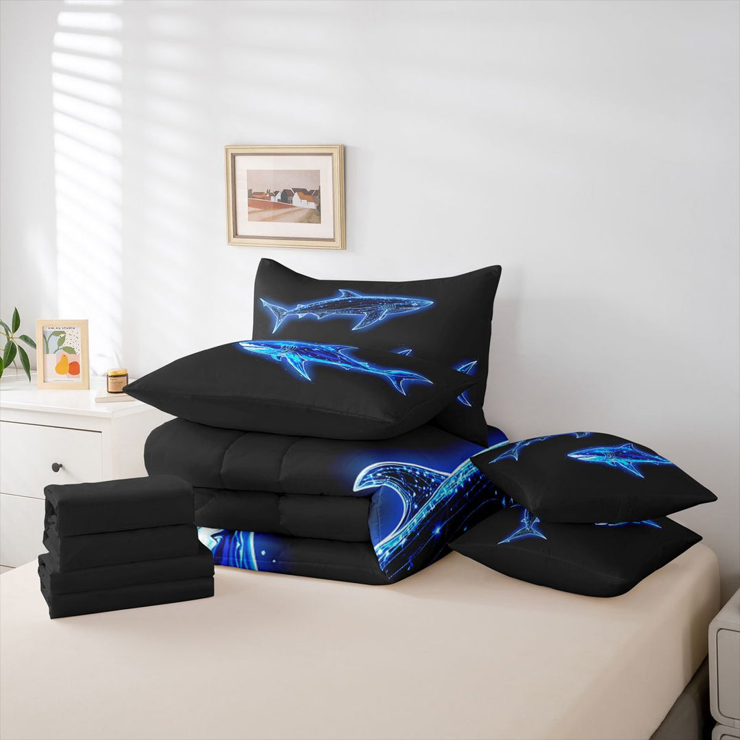 meiyoeat Ocean Themed 7 Pieces Full Size Bedding Sets For Kids,Cute Sea Animal Shark Full Size Bed in a Bag For Boys,Black Reversible
