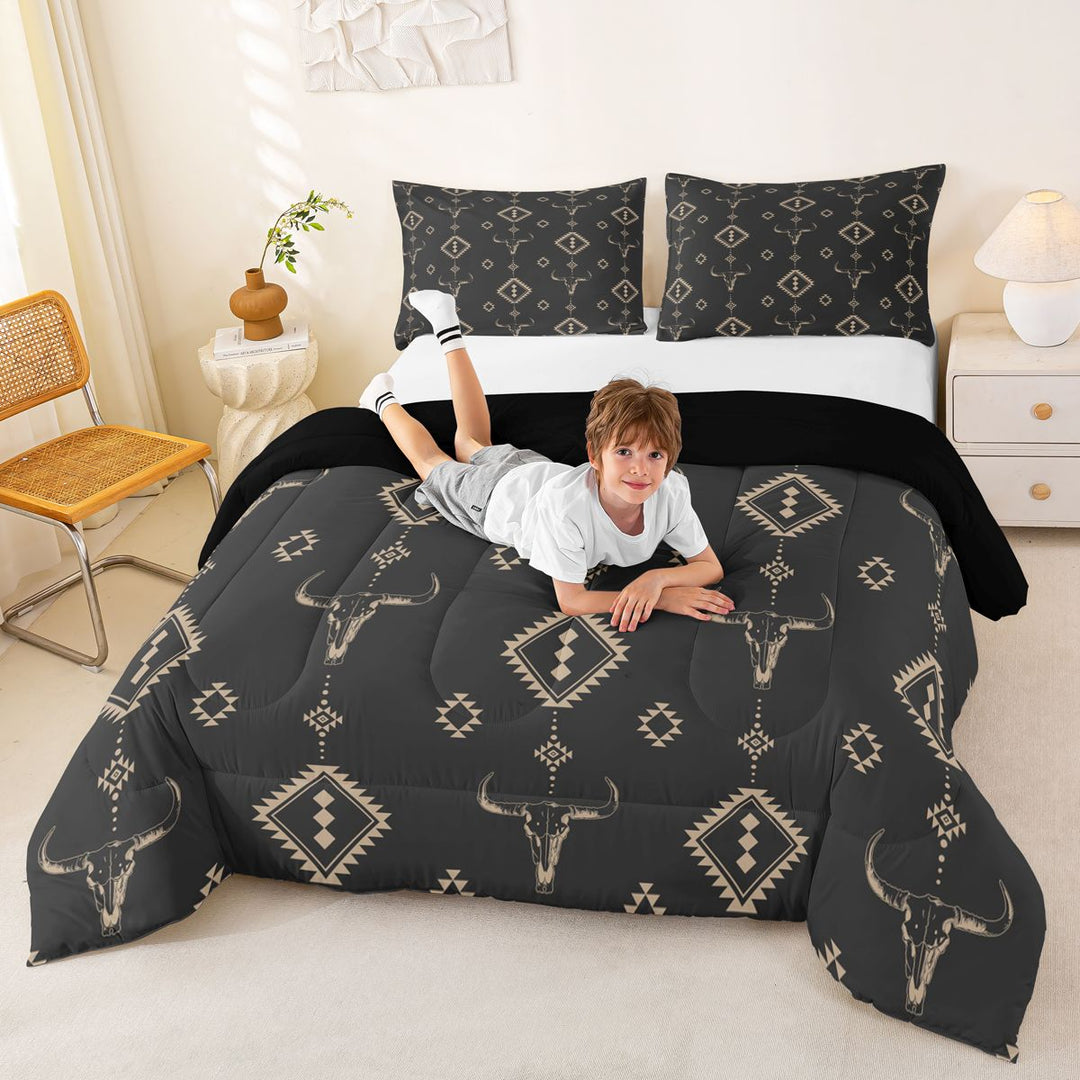 meiyoeat Vintage Bull Skull King Size Comforter Sets For Boys,Retro Aztec Geometric Rhombus Comforters King Size For Kids,Black Reversible,3-Piece