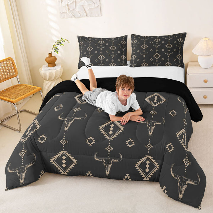 meiyoeat Vintage Bull Skull King Size Comforter Sets For Boys,Retro Aztec Geometric Rhombus Comforters King Size For Kids,Black Reversible,3-Piece