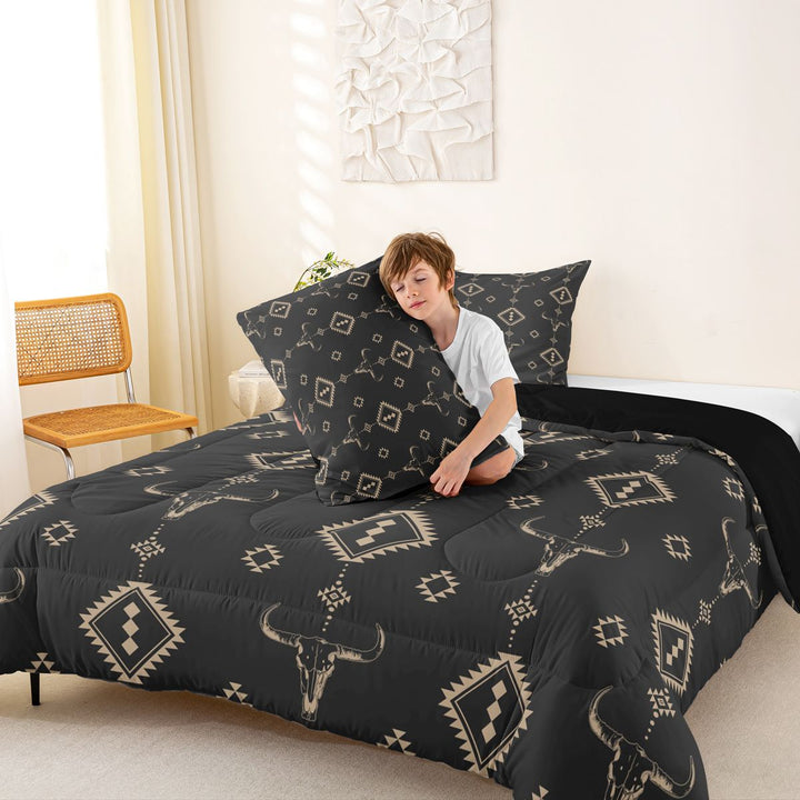 meiyoeat Vintage Bull Skull King Size Comforter Sets For Boys,Retro Aztec Geometric Rhombus Comforters King Size For Kids,Black Reversible,3-Piece