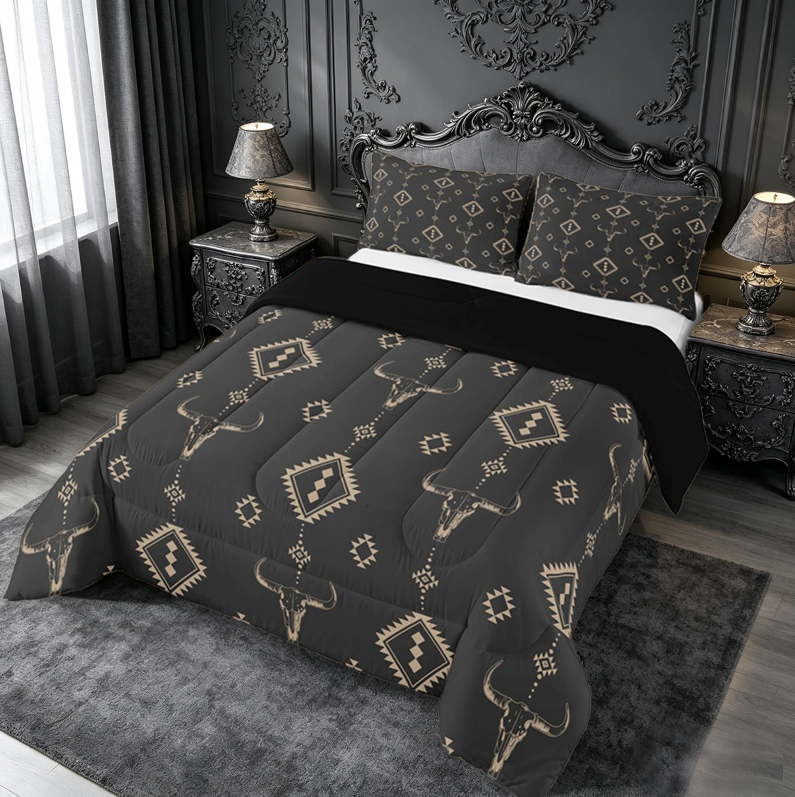 meiyoeat Vintage Bull Skull King Size Comforter Sets For Boys,Retro Aztec Geometric Rhombus Comforters King Size For Kids,Black Reversible,3-Piece