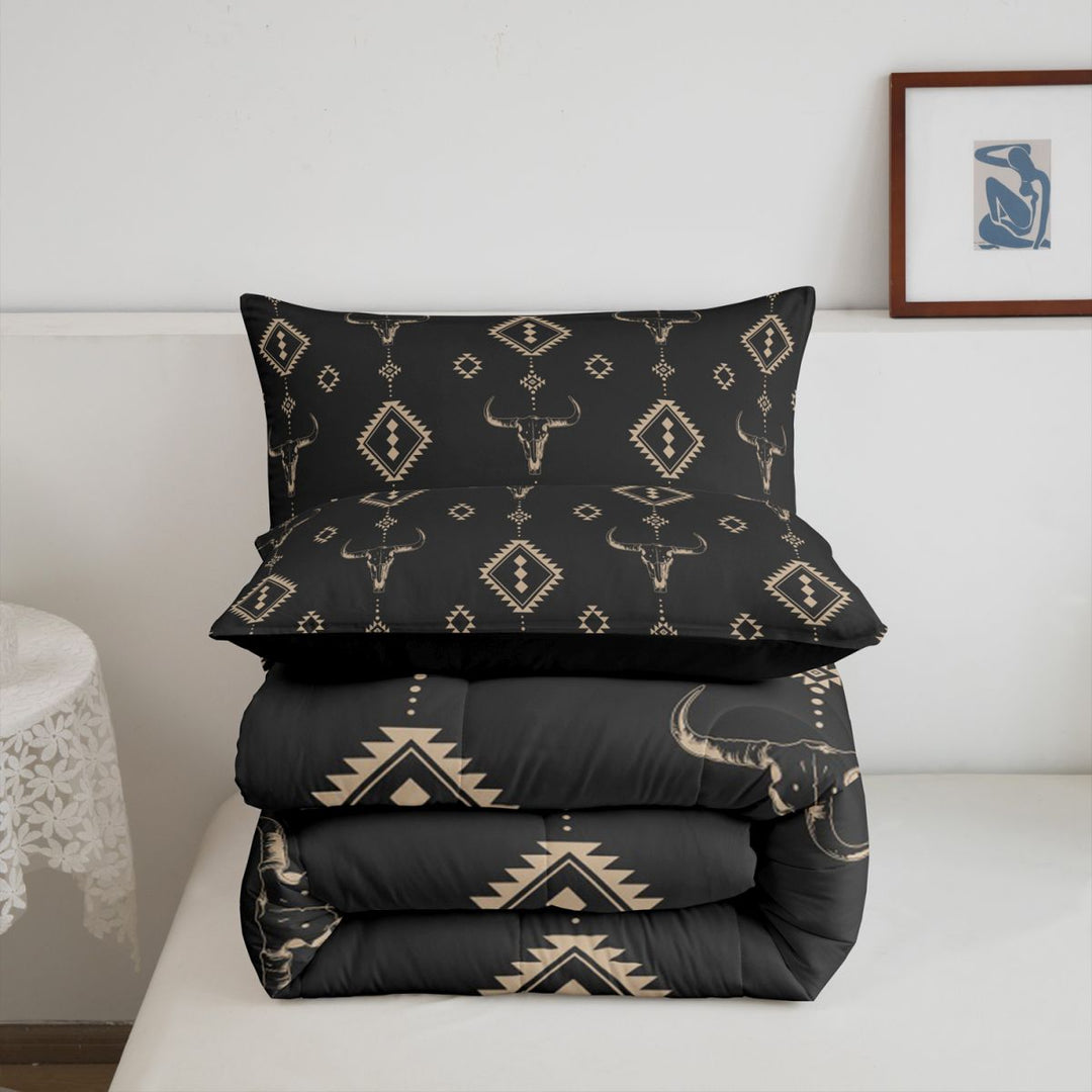 meiyoeat Vintage Bull Skull King Size Comforter Sets For Boys,Retro Aztec Geometric Rhombus Comforters King Size For Kids,Black Reversible,3-Piece