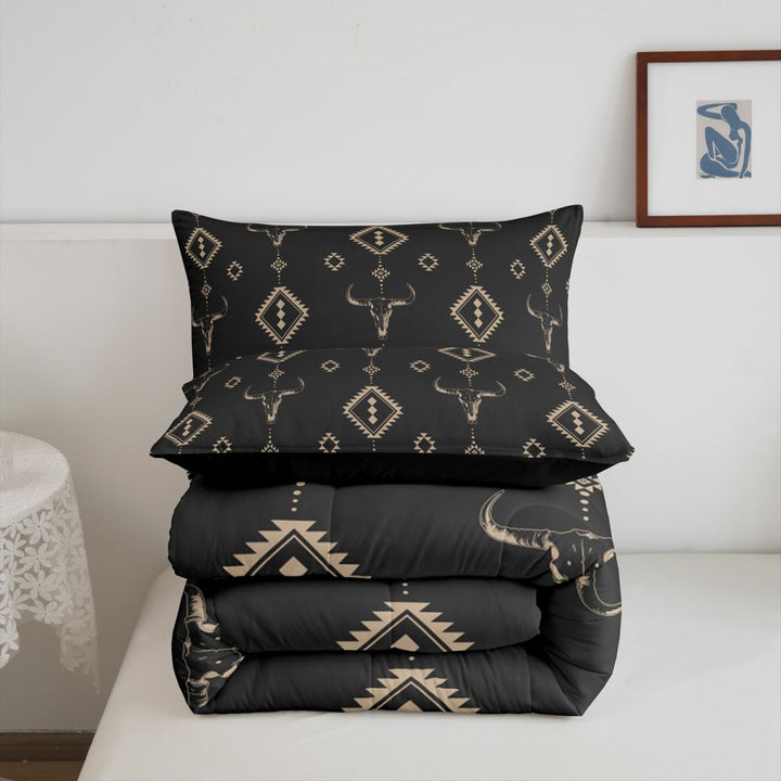meiyoeat Vintage Bull Skull King Size Comforter Sets For Boys,Retro Aztec Geometric Rhombus Comforters King Size For Kids,Black Reversible,3-Piece